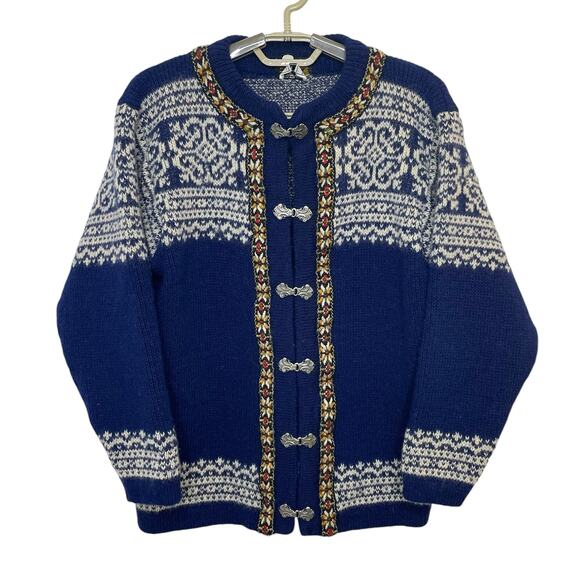 Vintage North Cape By Knut & Knut Norwegian Wool Sweater In Blue & White Large - Picture 2 of 9